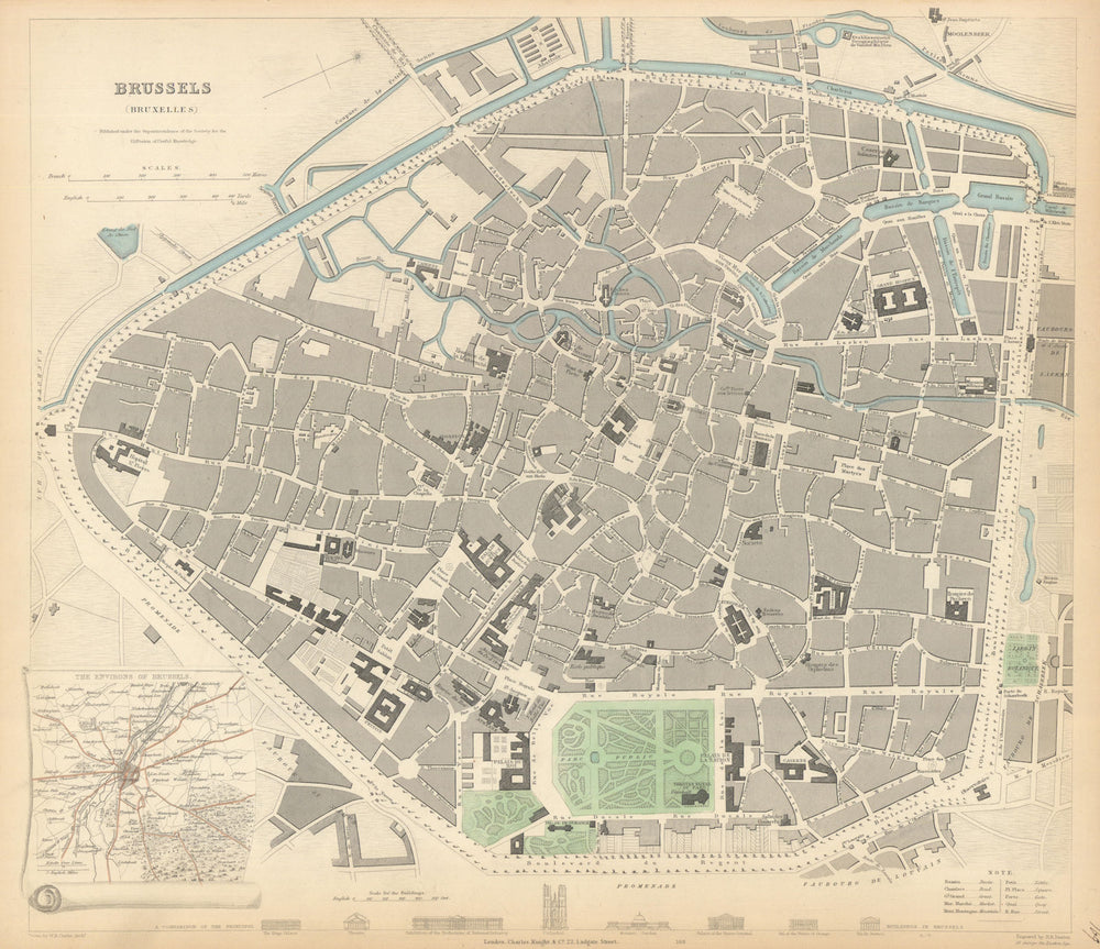 BRUSSELS BRUXELLES BRUSSEL antique town city map plan. Inset environs. SDUK 1847