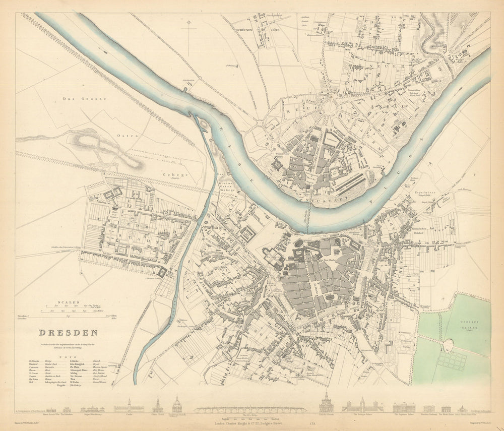 DRESDEN. Antique town city map plan. Key buildings profiles. SDUK 1847 old