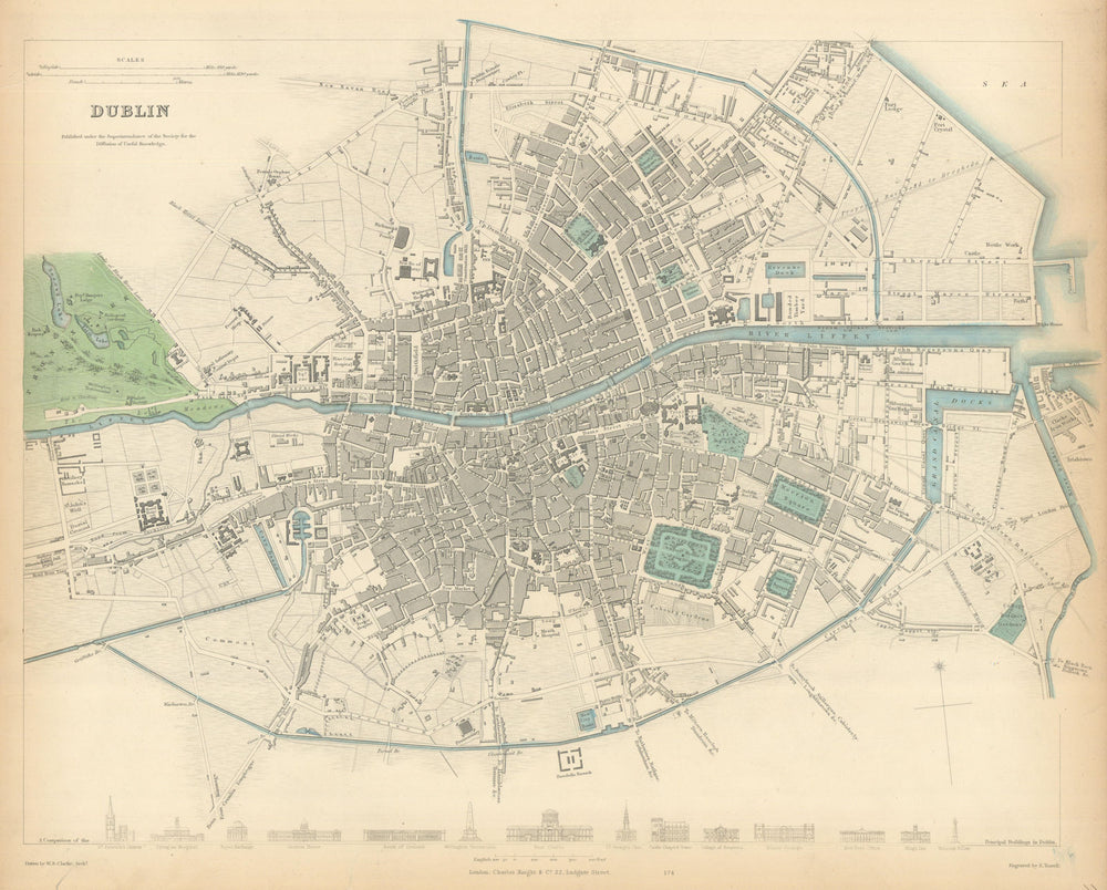 DUBLIN. Antique town city map plan. Key buildings profiles. SDUK 1847 old