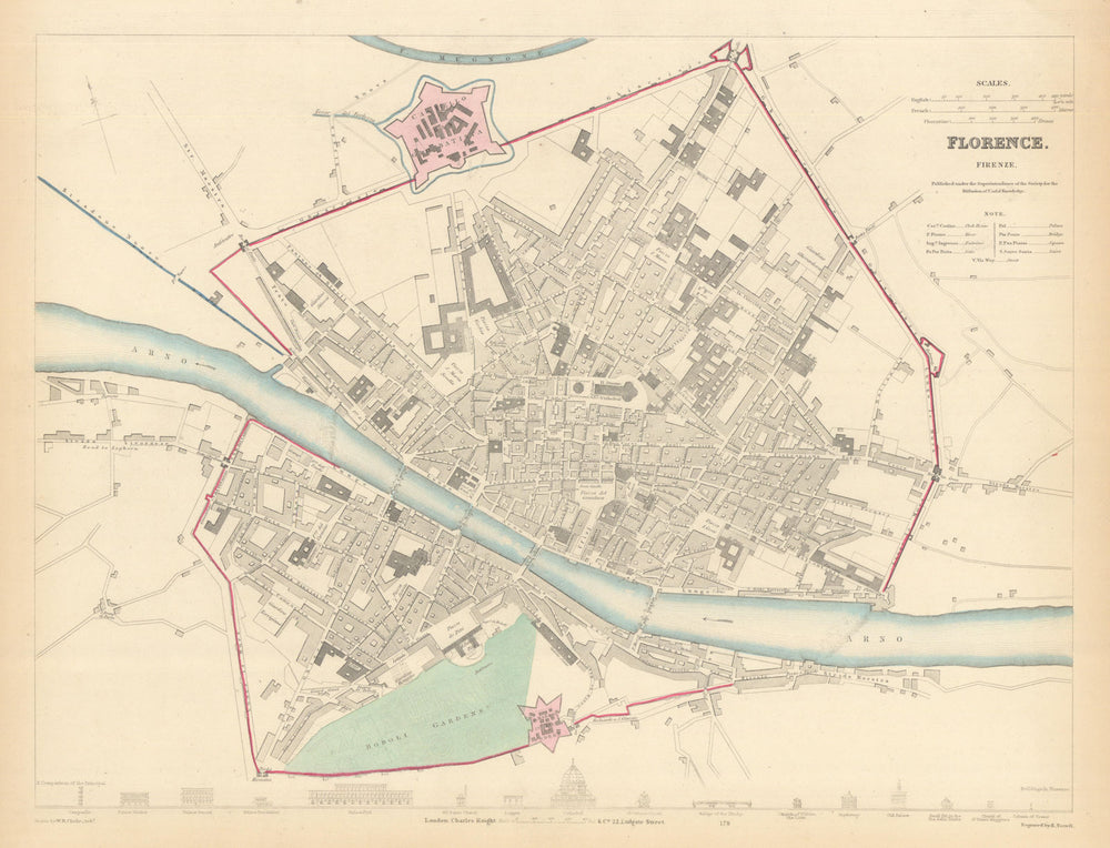 FLORENCE FIRENZE. Antique town city map plan. Key buildings profiles. SDUK 1847