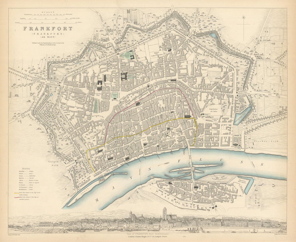 FRANKFURT AM MAIN. Antique town city map plan. Panorama. am Mayn. SDUK 1847