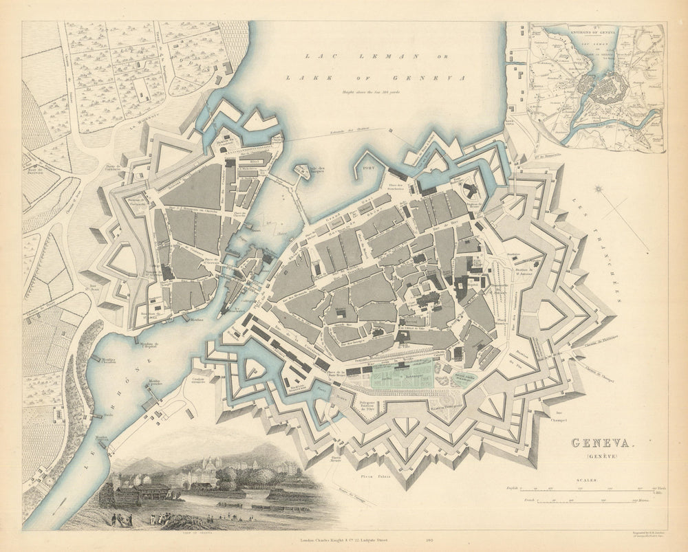 GENEVA GENÈVE GENF. Antique town city map plan. Inset environs of. SDUK 1847