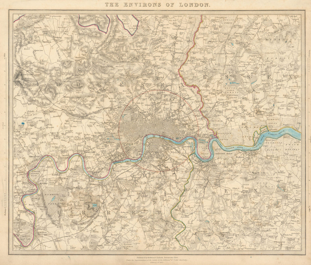 LONDON & ENVIRONS. Middlesex Kent Essex Surrey. Coloured. SDUK 1847 old map