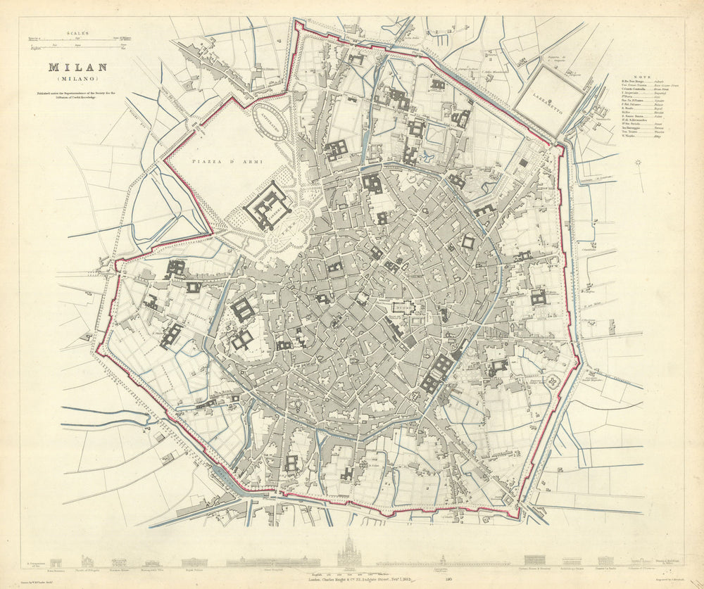MILAN MILANO. Antique town city map plan. Main buildings profiles. SDUK 1847