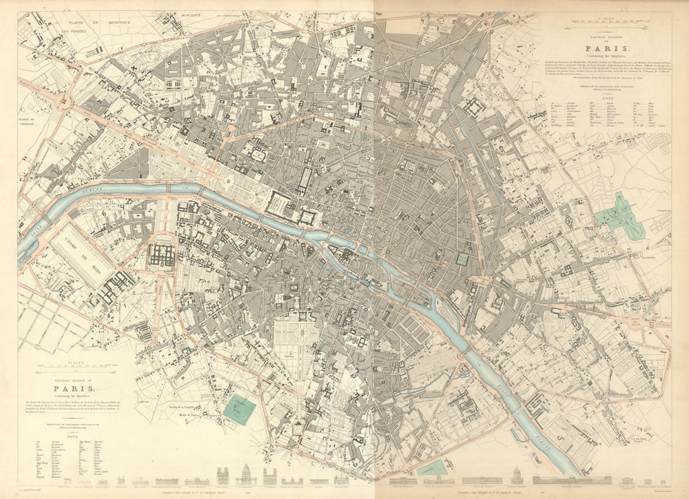 PARIS. Antique town city map plan. LARGE 55 x 40cm. SDUK 1847 old