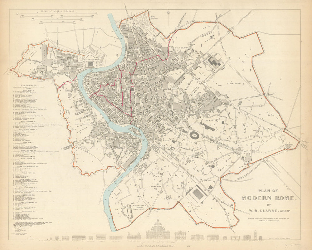 ROME ROMA. Antique town city map plan. Original hand colouring. SDUK 1847