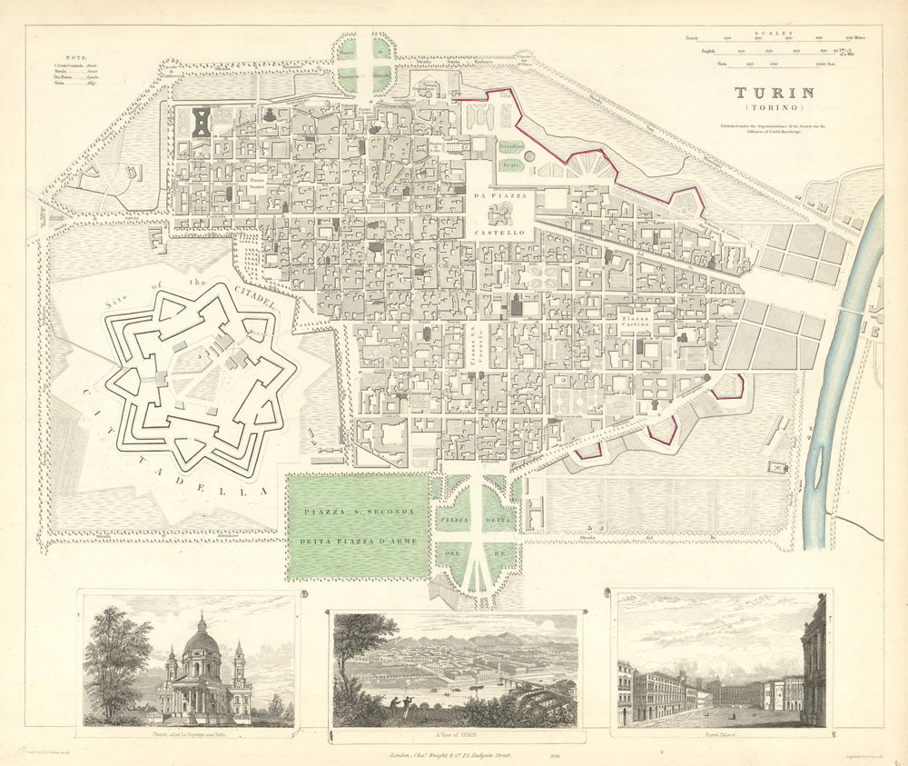 TURIN TORINO antique town city map plan & view. Superga. Royal Palace. SDUK 1847