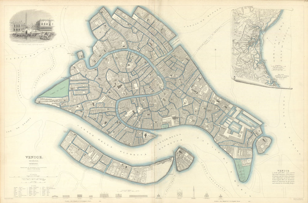 VENICE VENEZIA VENEDIG antique town city map plan. Environs. LARGE. SDUK 1847