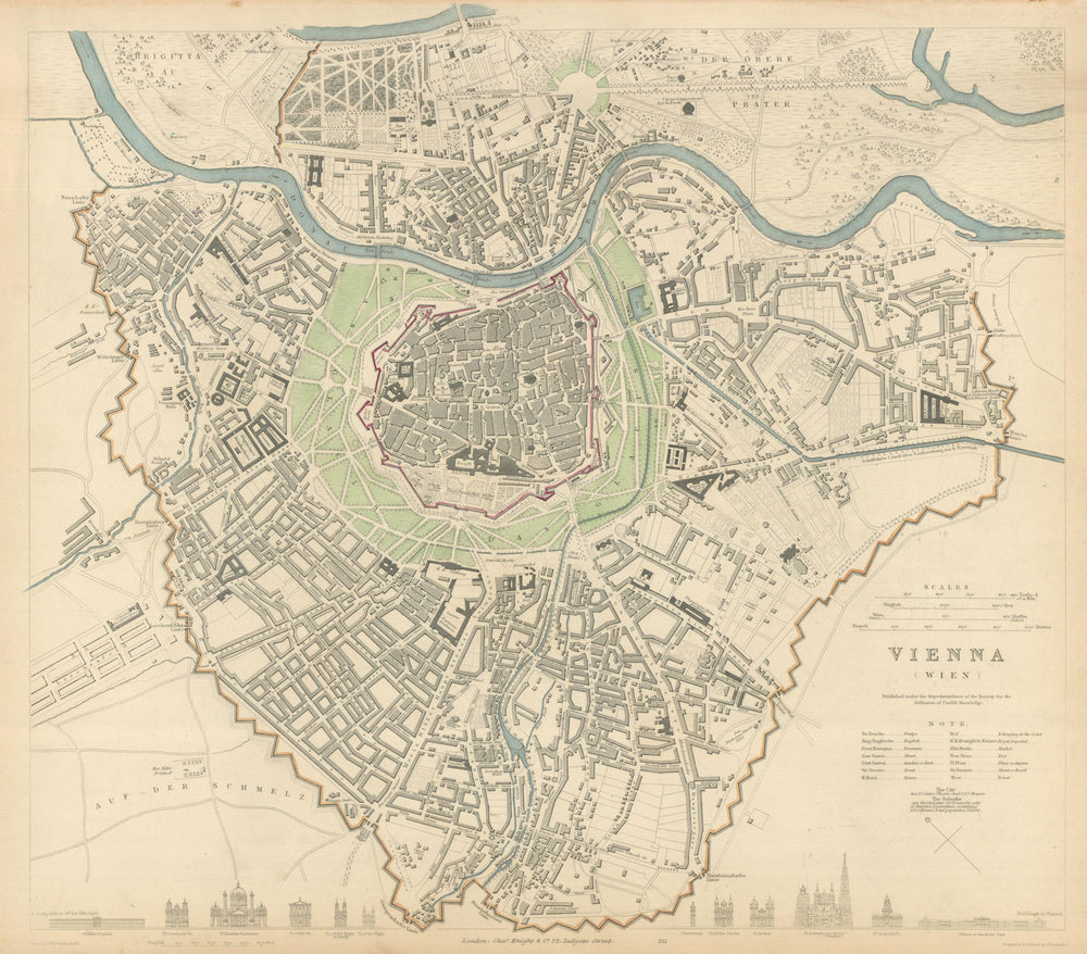 VIENNA WIEN. Antique town city map plan. Principal building profiles. SDUK 1847