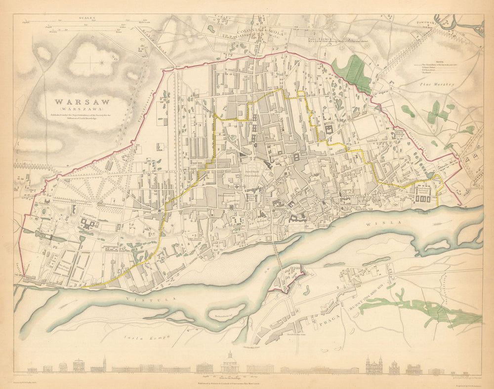 WARSAW WARSZAWA antique town city map plan. Building profiles. Colour. SDUK 1847