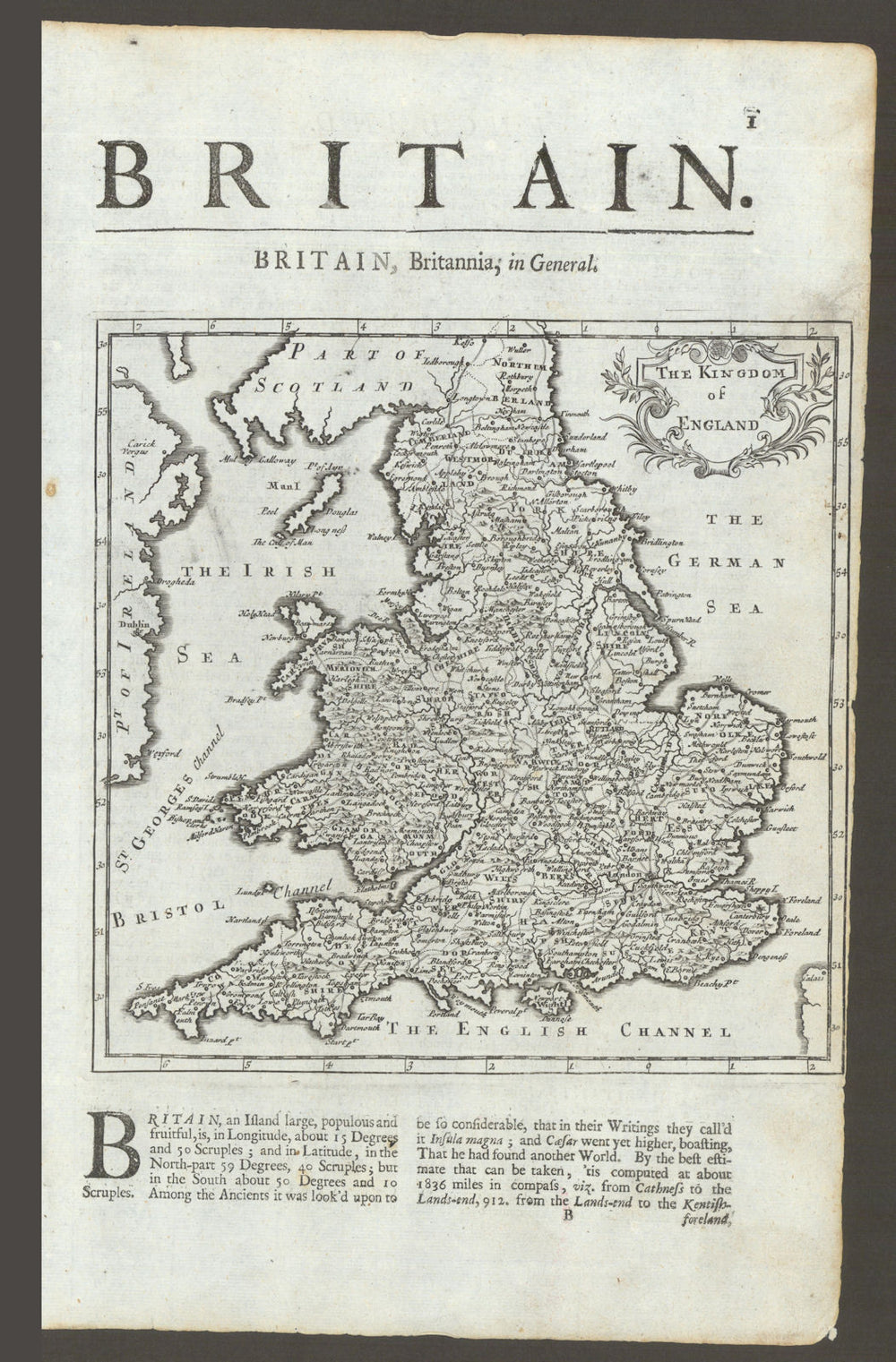 "The Kingdom of England" with Wales by Herman Moll 1701 old antique map chart