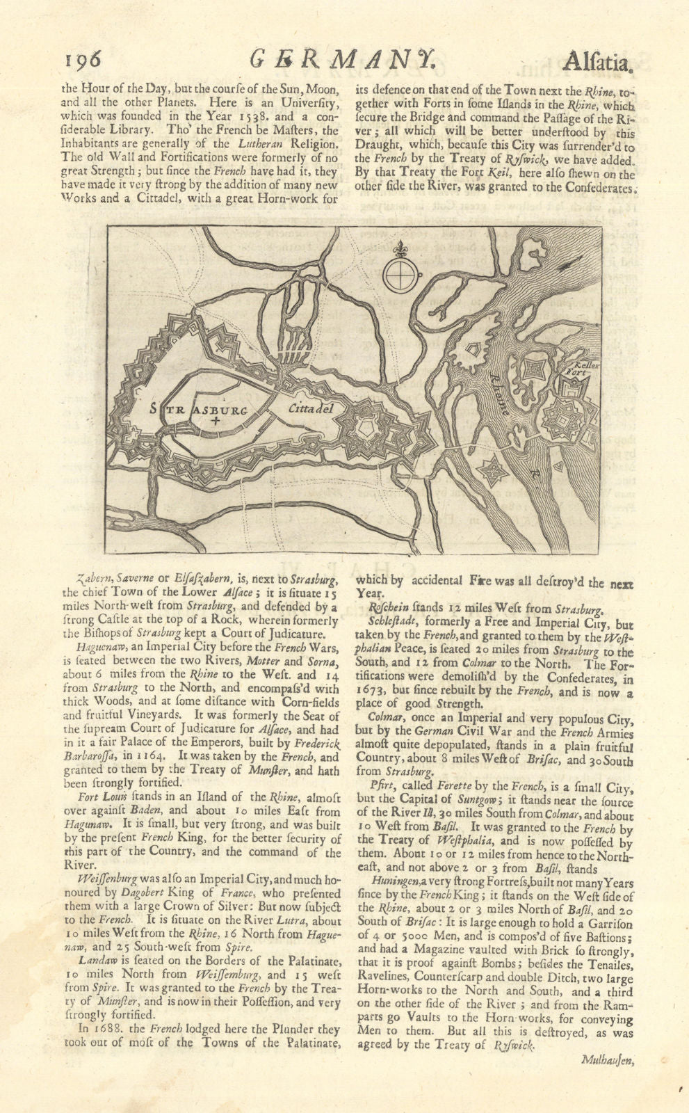 Strasburg. Citadel of Strasbourg & Kehl by Herman Moll. Bas-Rhin 1701 old map