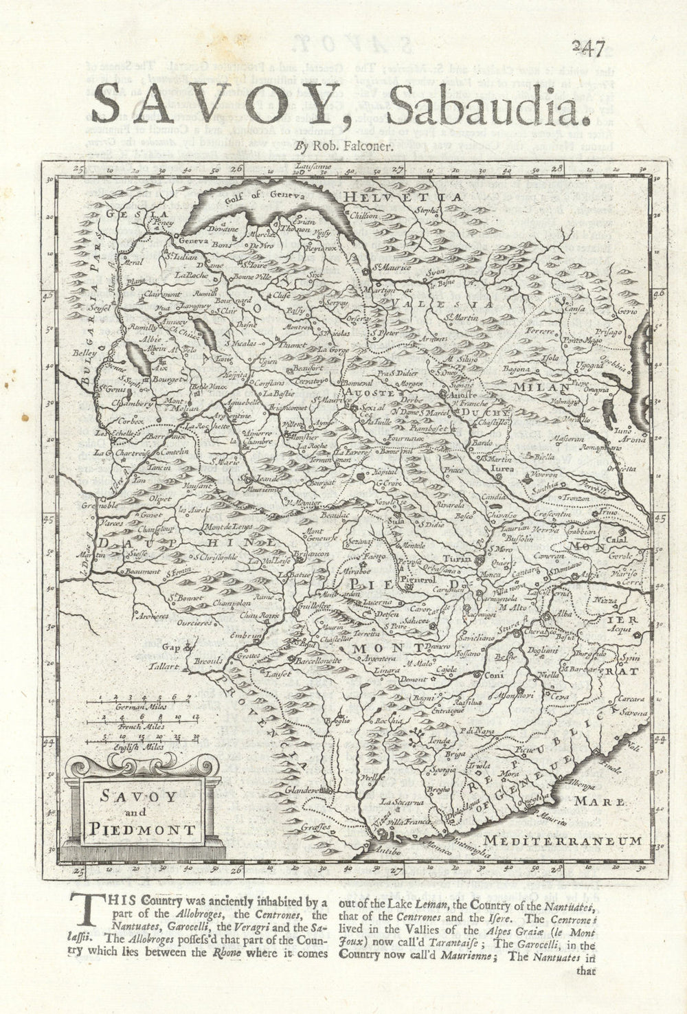 Savoy and Piedmont by Herman Moll. French Alps. Savoie 1701 old antique map