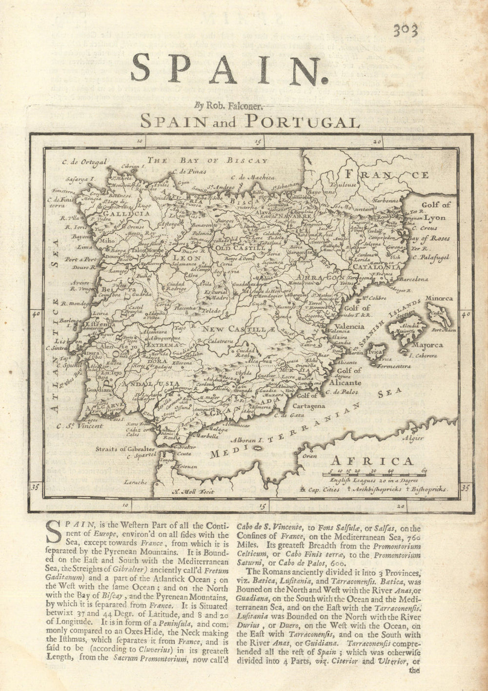Spain and Portugal by Herman Moll. Iberia 1701 old antique map plan chart