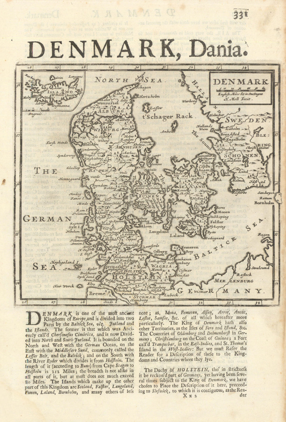 Denmark by Herman Moll. Southern Sweden & Iceland 1701 old antique map chart