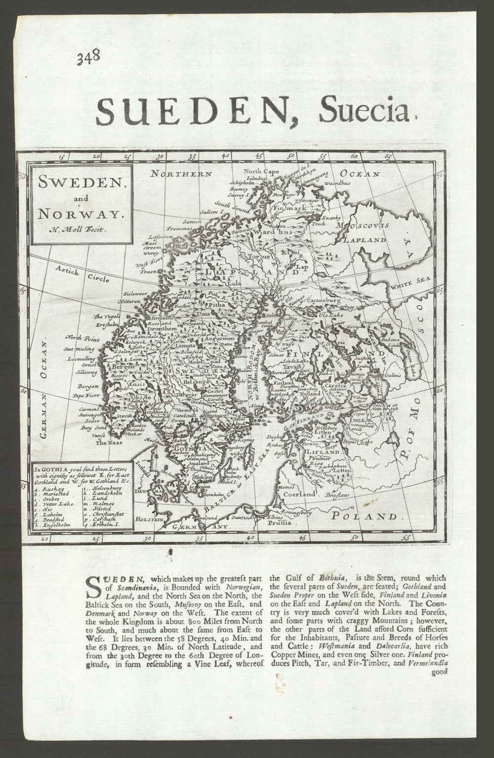 Sweden and Norway by Herman Moll. Scandinavia Finland 1701 old antique map