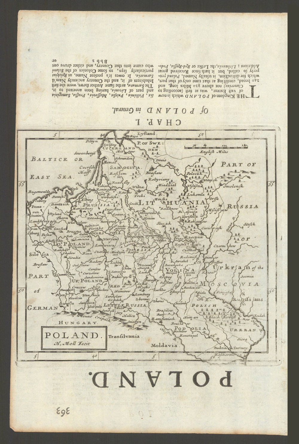 Poland by Herman Moll. Belarus Lithuania Latvia western Ukraine 1701 old map