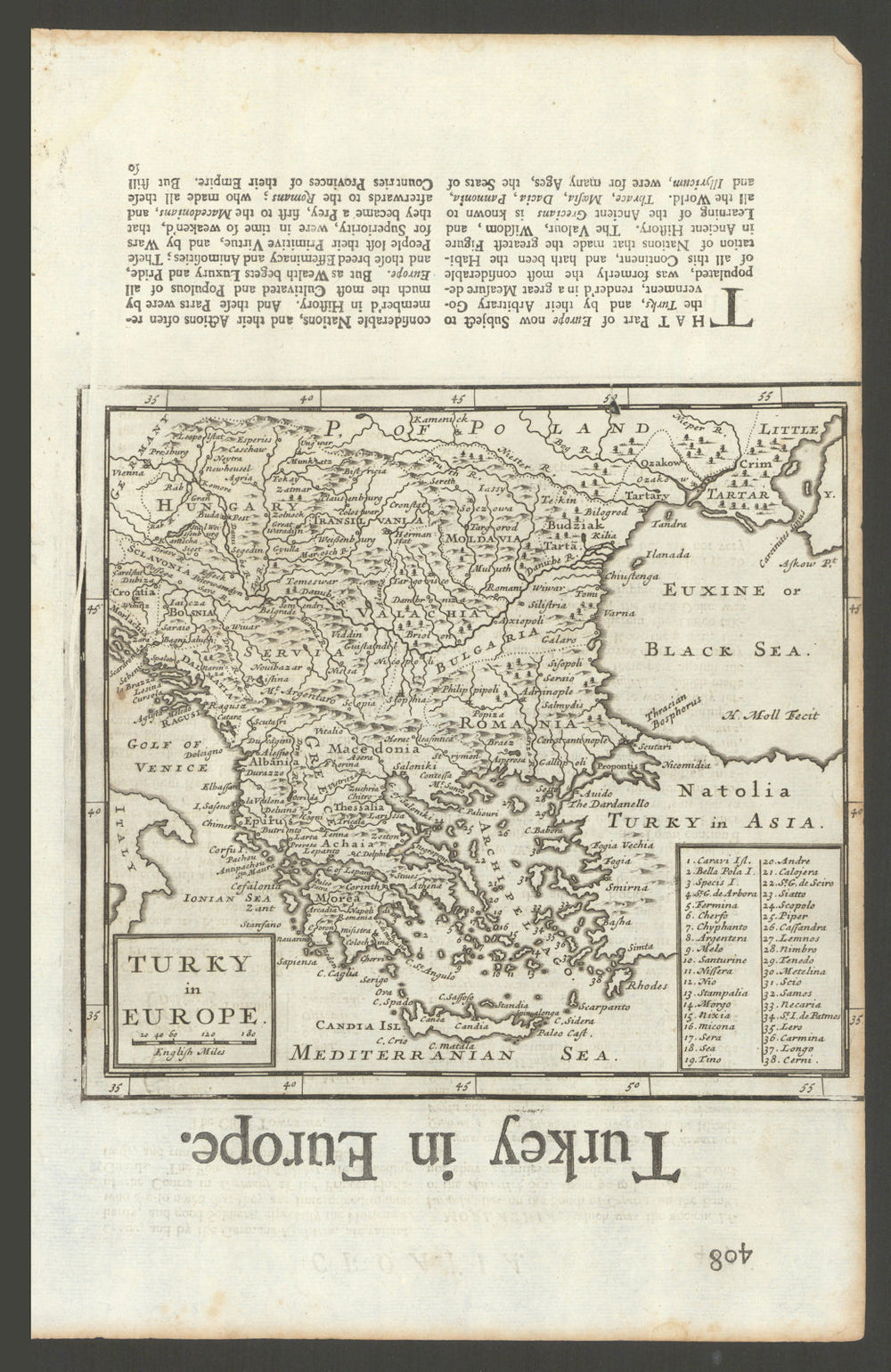 Turky [Turkey] in Europe by Herman Moll. Balkans Greece Black Sea 1701 old map