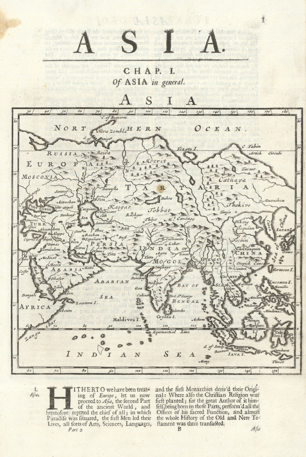 Asia by Herman Moll. Great Wall of China. Mogol empire. Tartaria 1701 old map