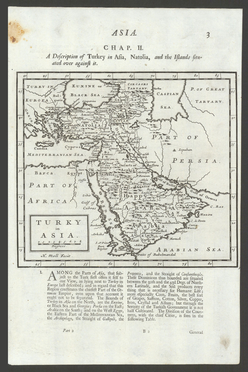 Turky [Turkey] in Asia by Herman Moll. Middle East & Arabia 1701 old map