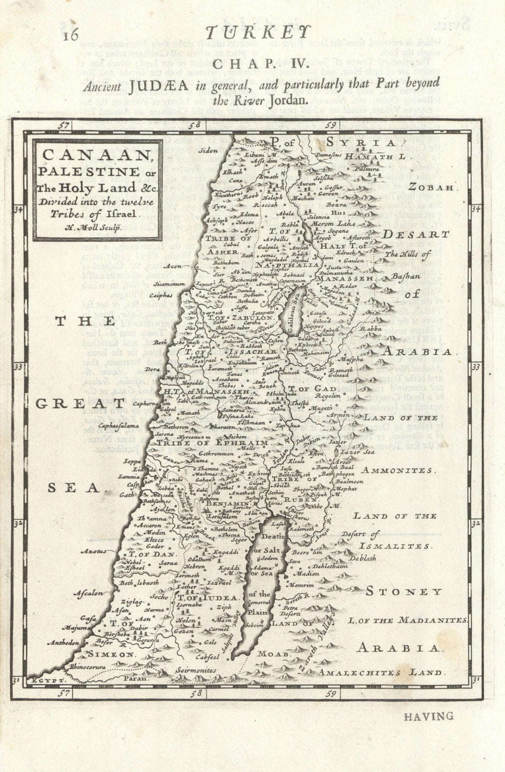 Canaan, Palestine or the Holy Land… twelve Tribes of Israel. MOLL 1701 old map