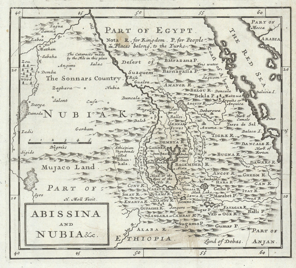 Abissinia and Nubia by Herman Moll. Ethiopia Eritrea Sudan Abyssinia 1701 map