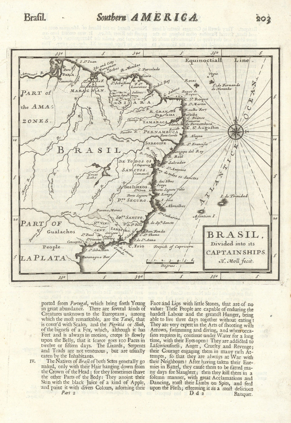 Brasil divided into its Captainships by Herman Moll. Brazil 1701 old map
