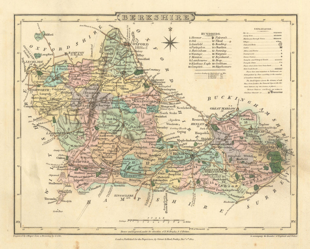 Antique hand-coloured Berkshire county map by George Cole & John Roper 1810