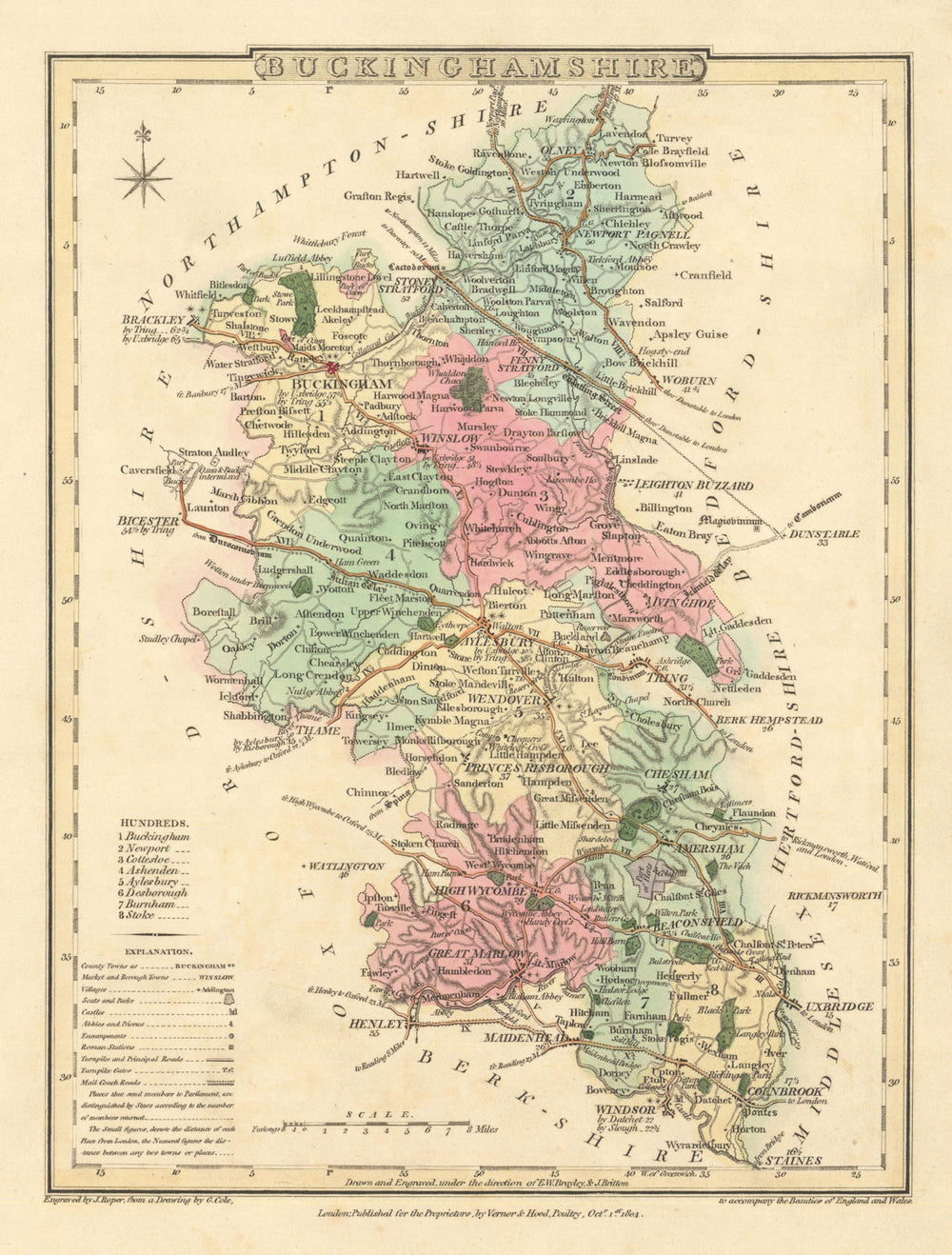 Antique hand-coloured Buckinghamshire county map by George Cole/John Roper 1810