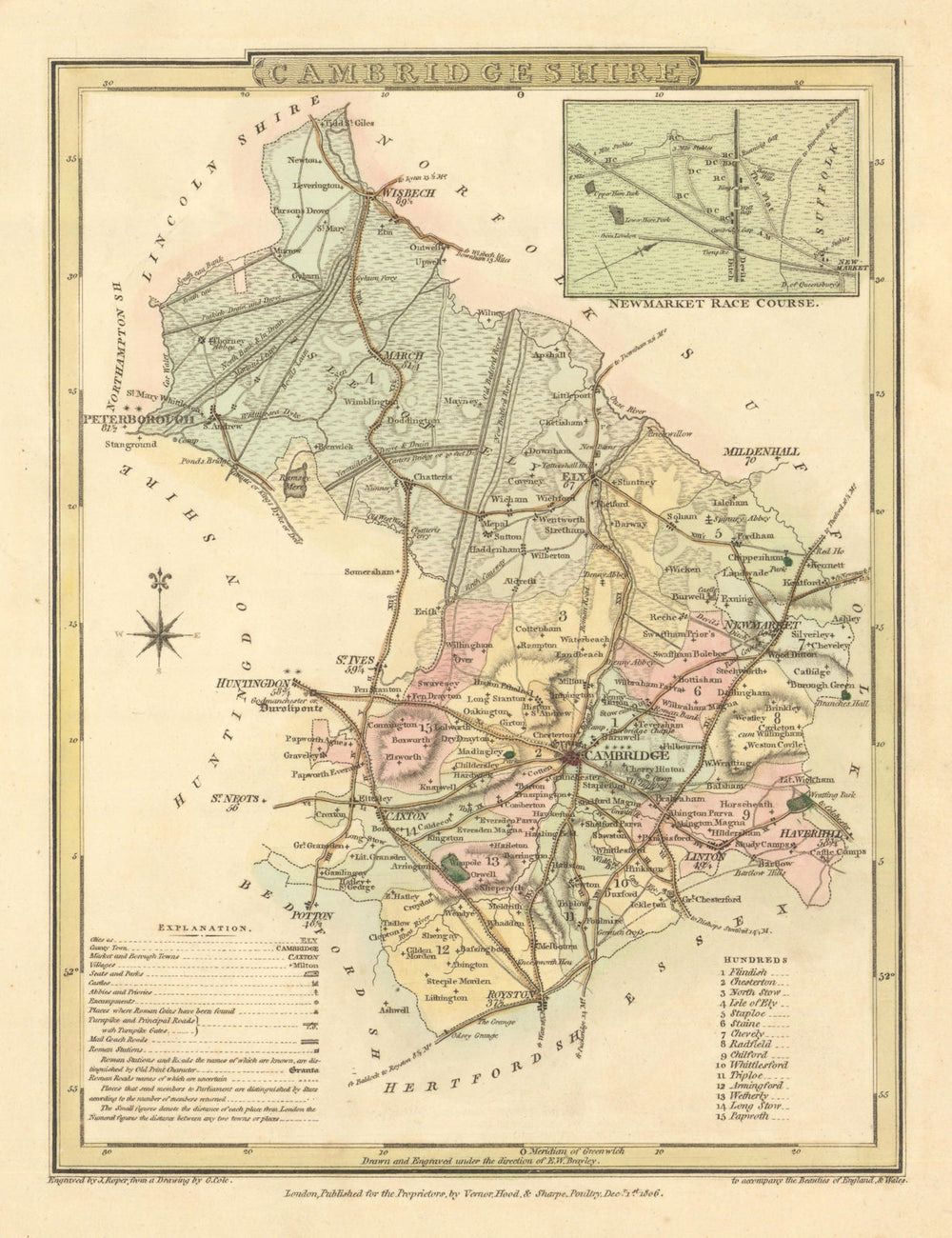 Antique Cambridgeshire county map & Newmarket Race Course plan. Cole/Roper 1810