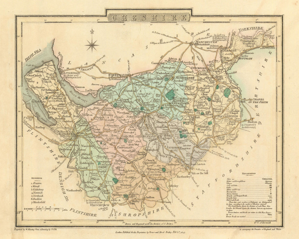 Antique hand-coloured Cheshire county map by George Cole & John Roper 1810