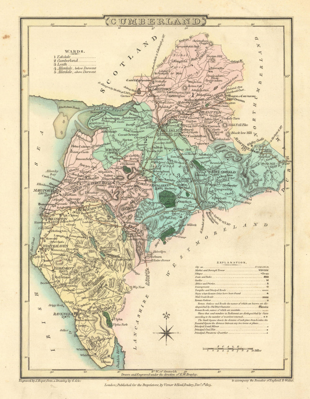 Antique hand-coloured Cumberland county map by George Cole & John Roper 1810