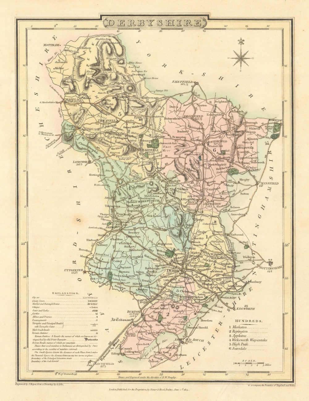 Antique hand-coloured Derbyshire county map by George Cole & John Roper 1810