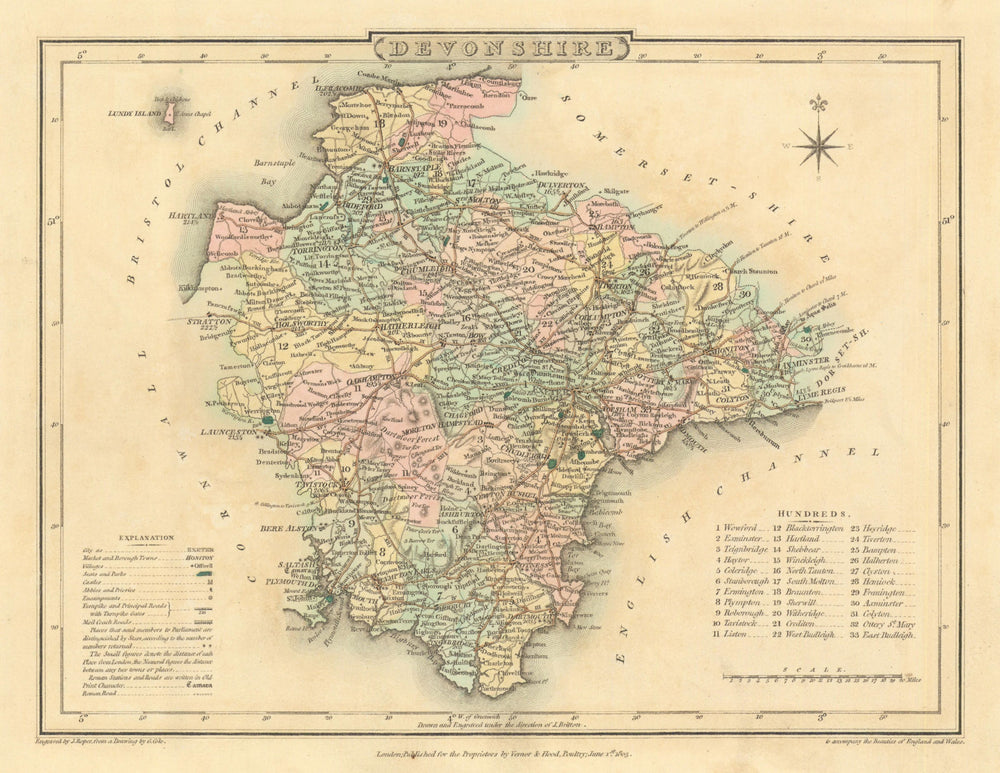 Antique hand-coloured Devonshire county map by George Cole & John Roper 1810