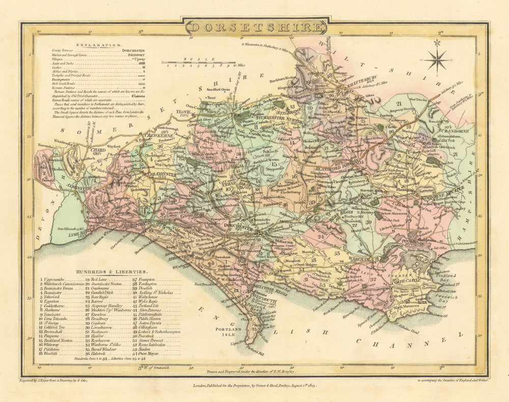 Antique hand-coloured Dorsetshire county map by George Cole & John Roper 1810