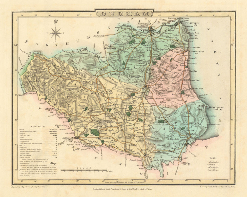 Antique hand-coloured Durham county map by George Cole & John Roper 1810