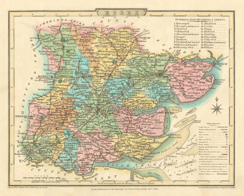 Antique hand-coloured Essex county map by George Cole & John Roper 1810
