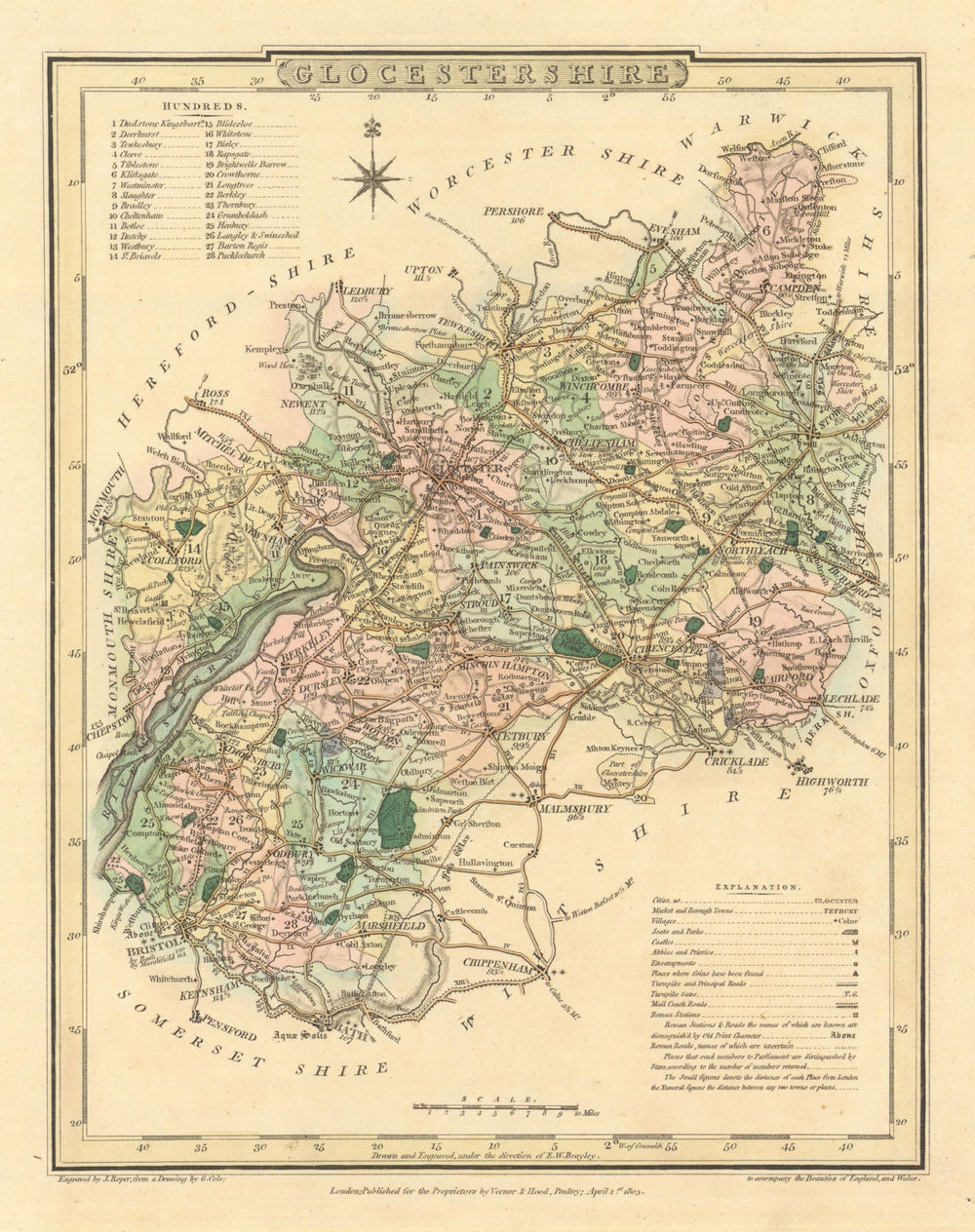 Antique hand-coloured Gloucestershire county map by George Cole/John Roper 1810