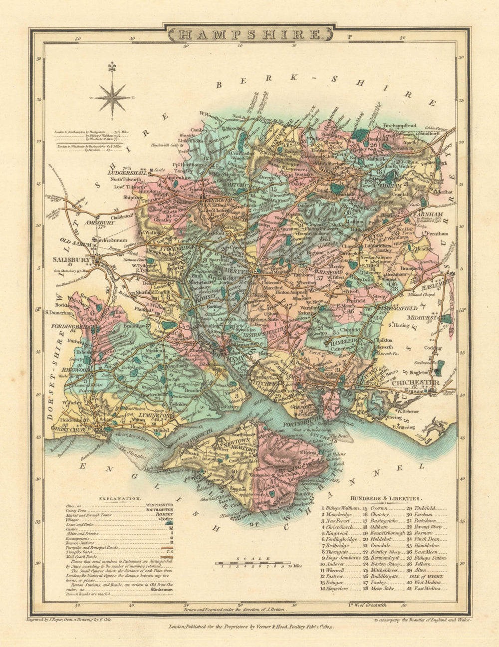 Antique hand-coloured Hampshire county map by George Cole & John Roper 1810