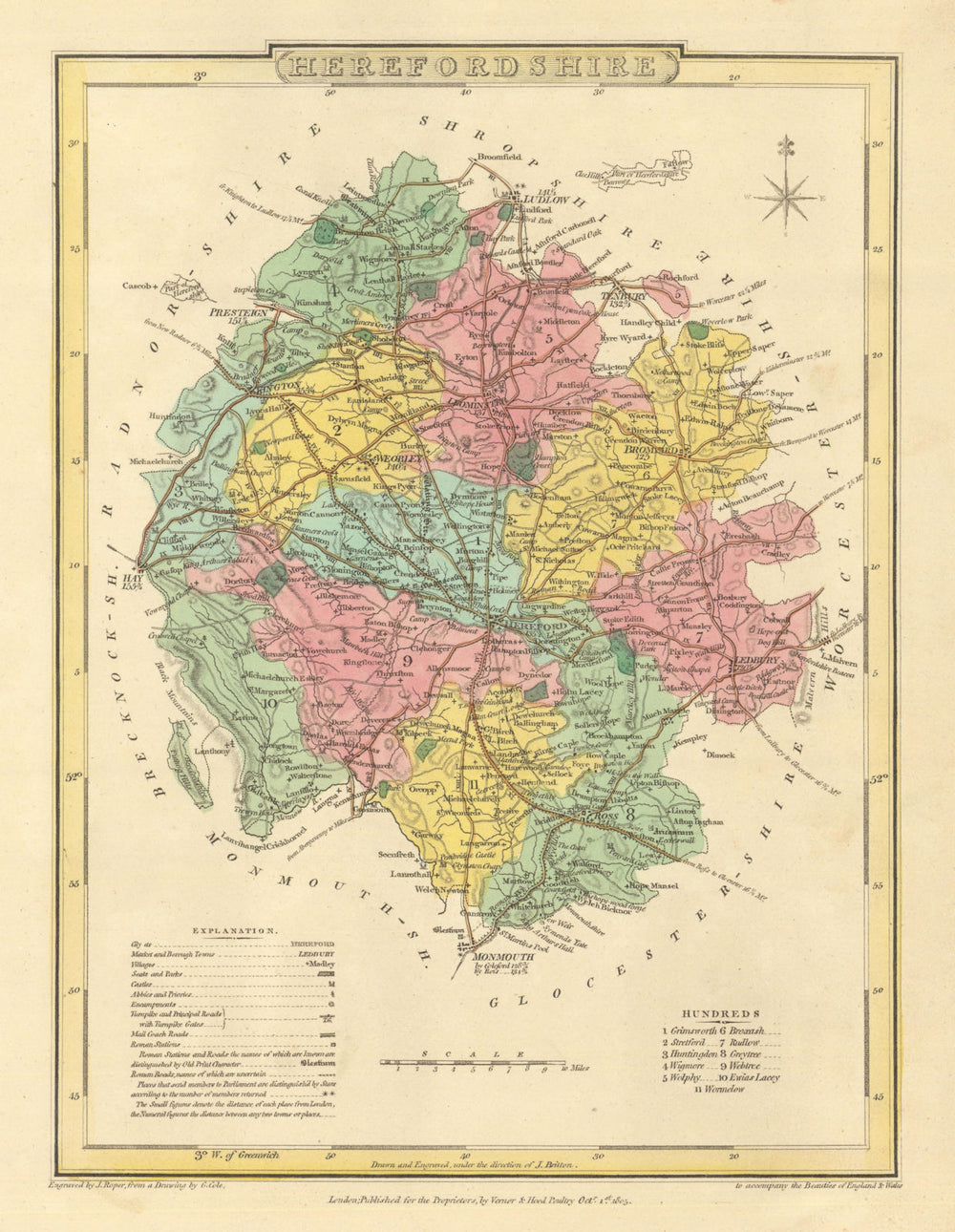 Antique hand-coloured Herefordshire county map by George Cole & John Roper 1810