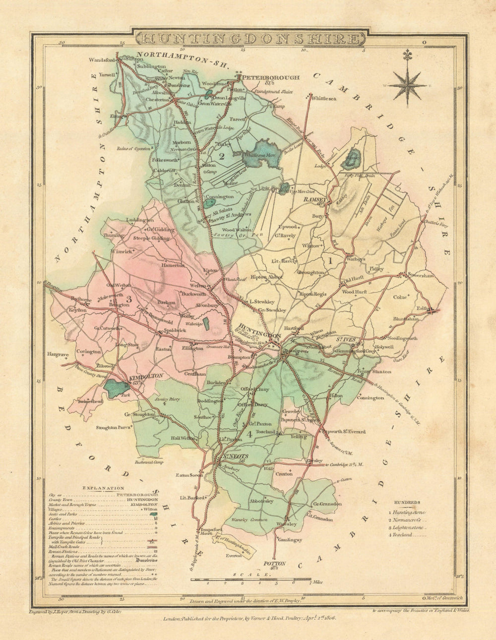Antique hand-coloured Huntingdonshire county map by George Cole/John Roper 1810
