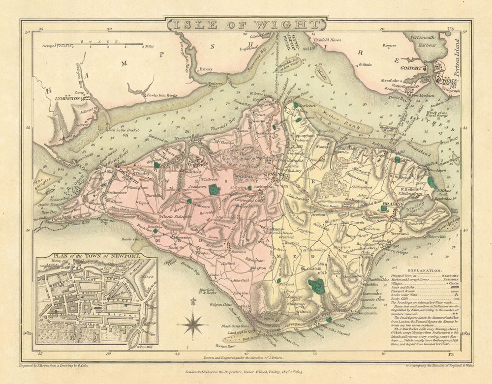 Antique hand-coloured Isle of Wight map & Newport town plan by Cole & Roper 1810