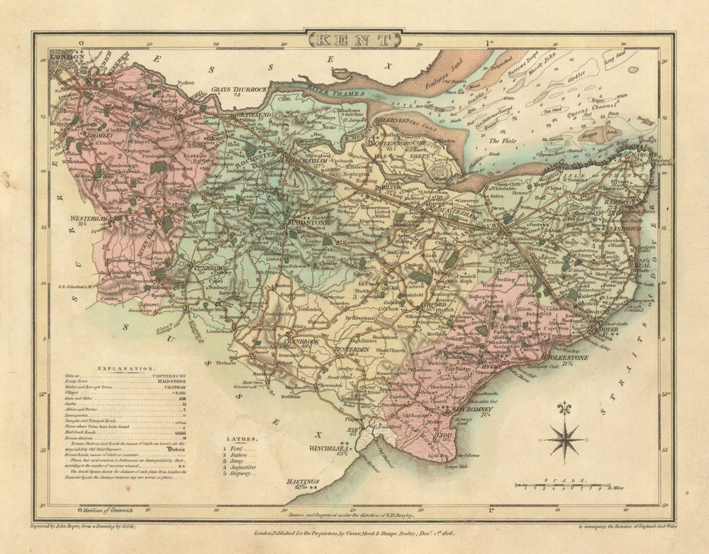 Antique Kent county map by George Cole & John Roper. Original wash colour 1810