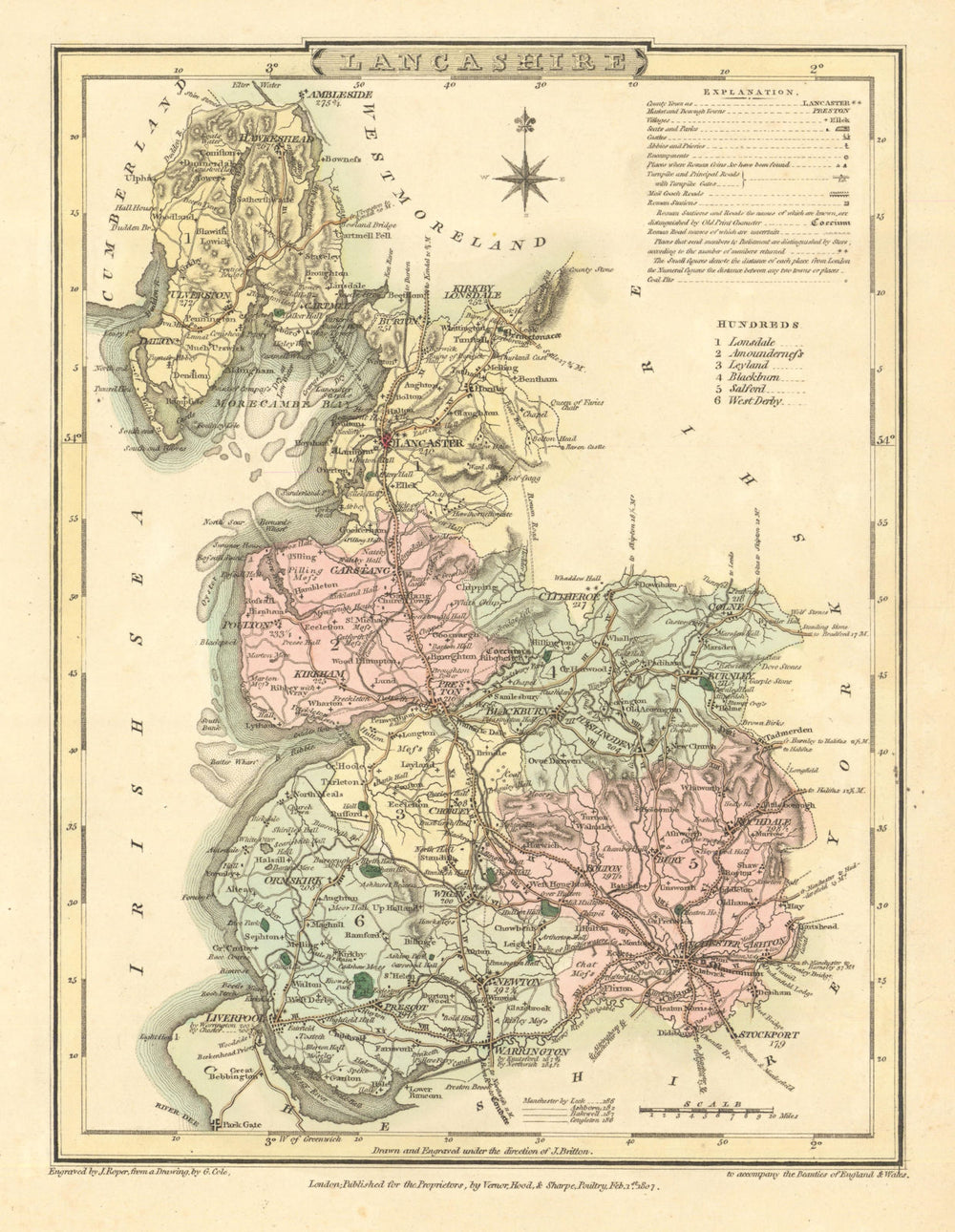 Antique hand-coloured Lancashire county map by George Cole & John Roper 1810