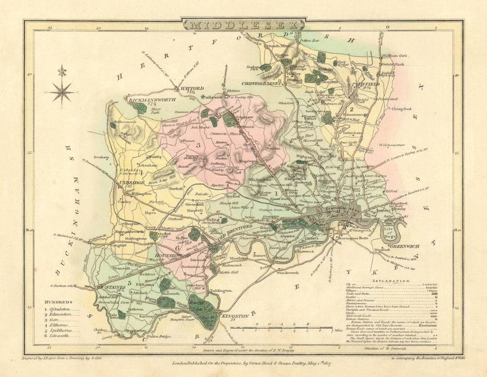 Antique hand-coloured Middlesex county map by George Cole & John Roper 1810