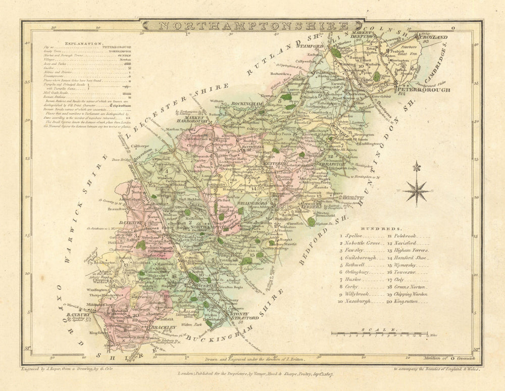 Antique hand-coloured Northamptonshire county map by George Cole/John Roper 1810