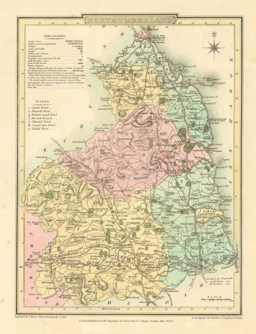 Antique hand-coloured Northumberland county map by George Cole & John Roper 1810