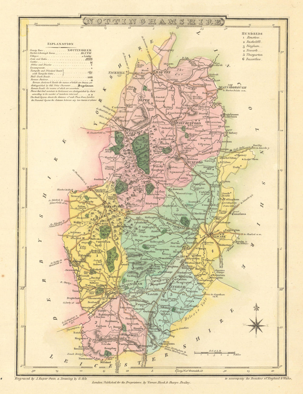 Antique hand-coloured Nottinghamshire county map by George Cole/John Roper 1810