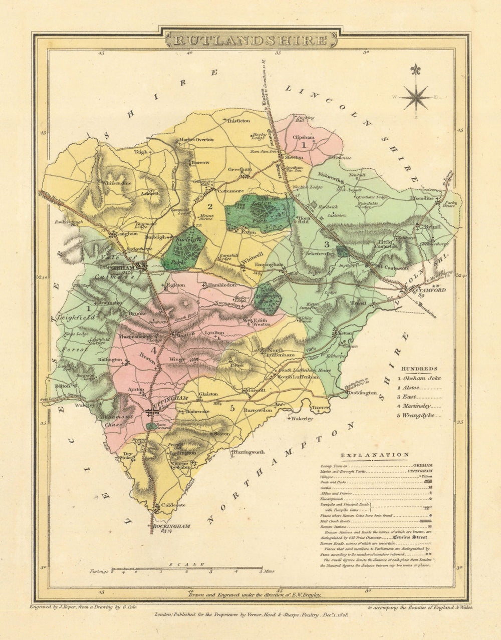 Antique hand-coloured Rutlandshire county map by George Cole & John Roper 1810