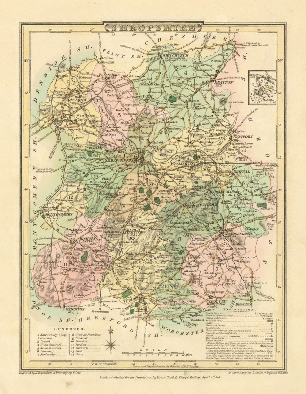 Antique hand-coloured Shropshire county map by George Cole & John Roper 1810